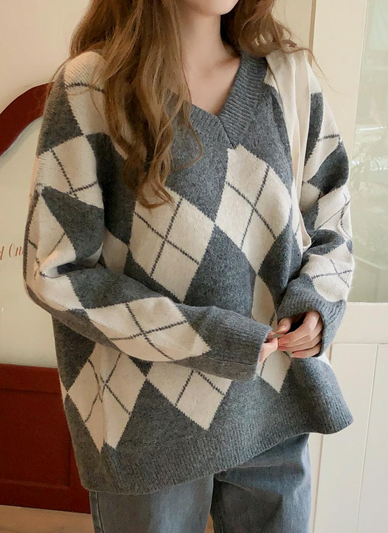 アーガイルVネックニット