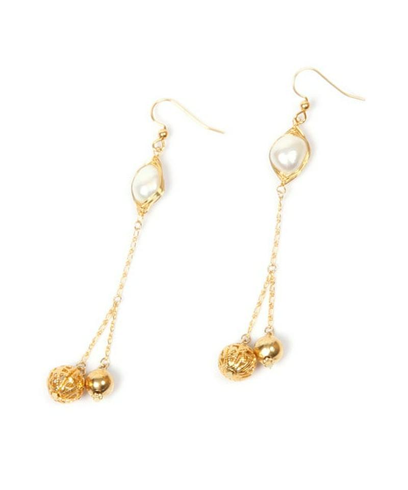 K14GF 淡水パール×装飾ボールピアス