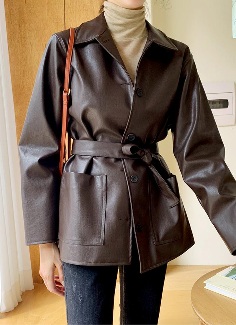 腰ヒモ付レザーライクジャケット