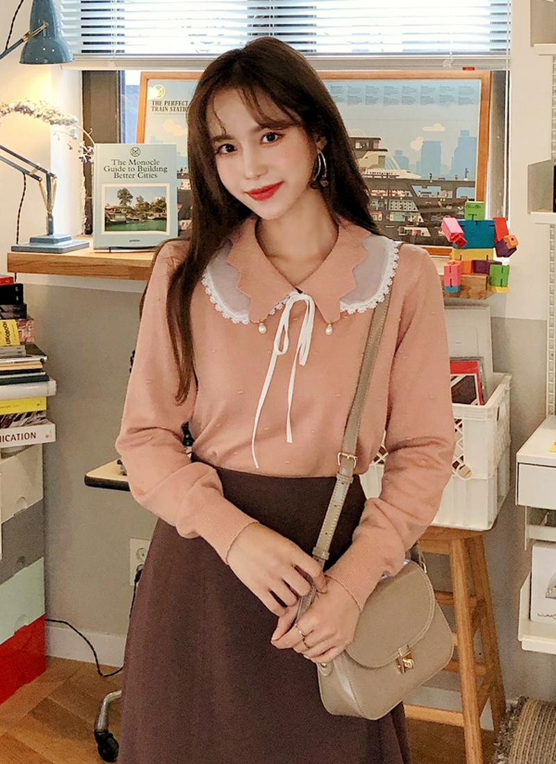 レースカラー付パールポイントニット