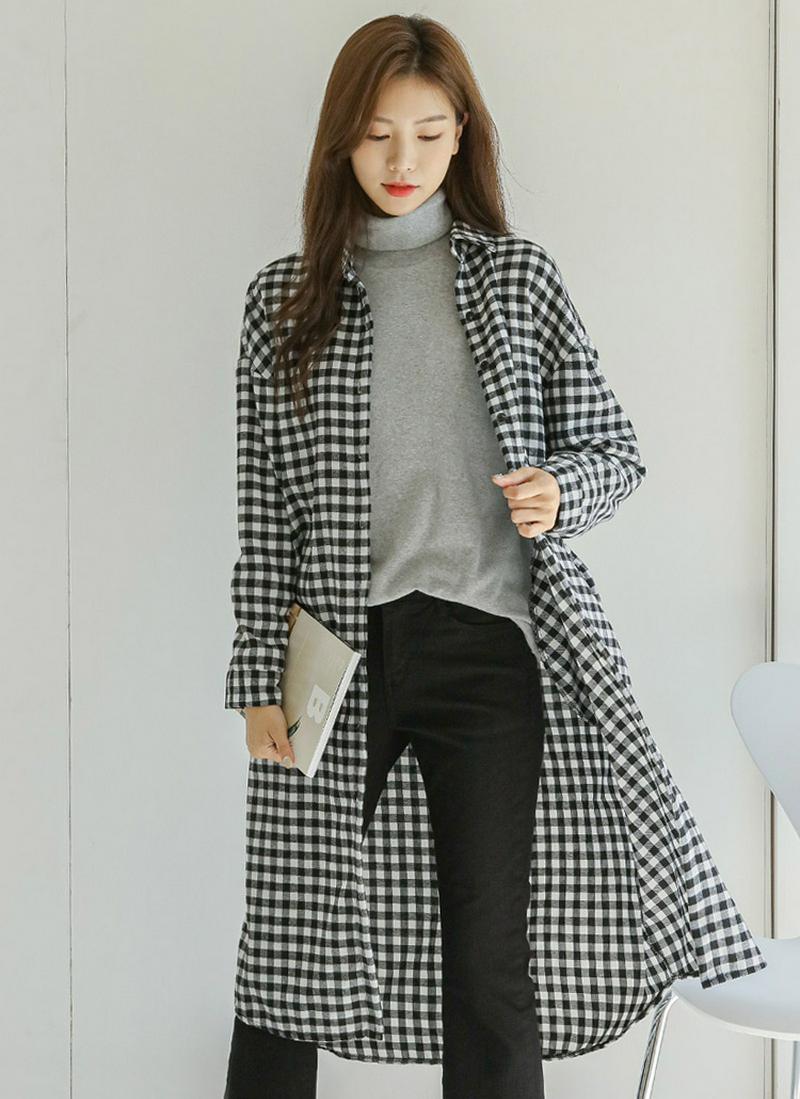 裏起毛ギンガムチェックロングシャツ