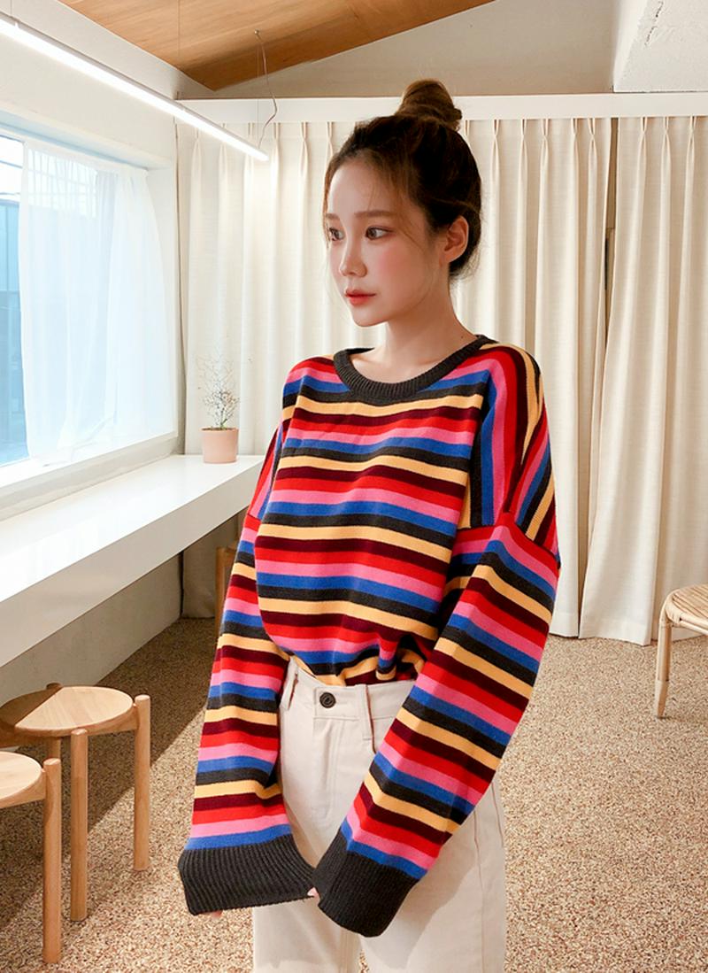 カラフルボーダーアクリル混ニット