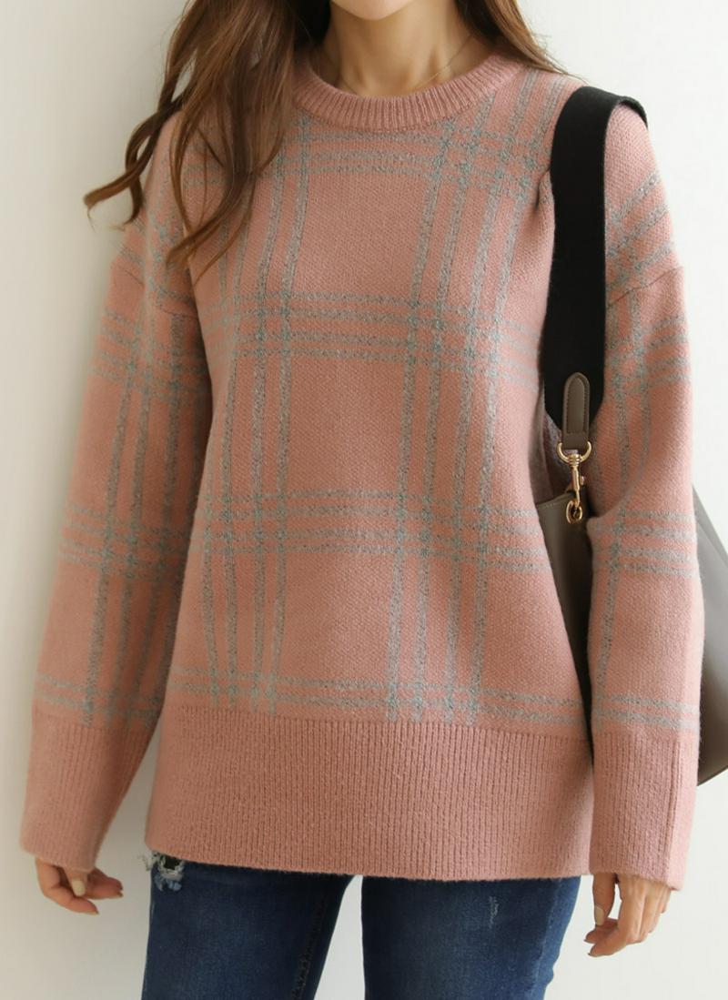 チェック柄アクリルブレンドニット