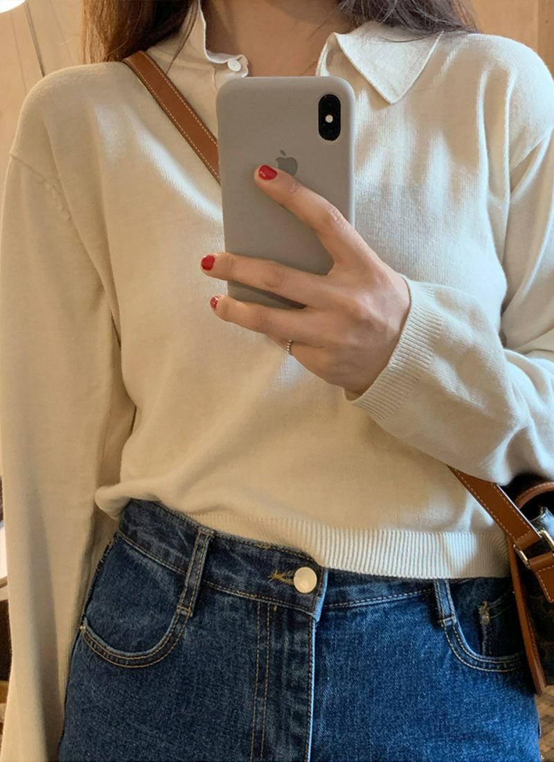 ポロカラーニット(ライトベージュ)