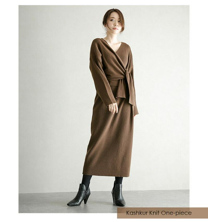 ニットワンピース カシュクール ワンピース リボン 長袖 レディース マキシ丈 ロング丈 大人 きれいめ おしゃれ 可愛い ブラ
