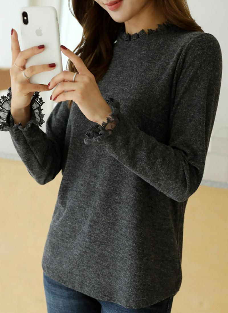 フラワーレースヘム起毛Tシャツ