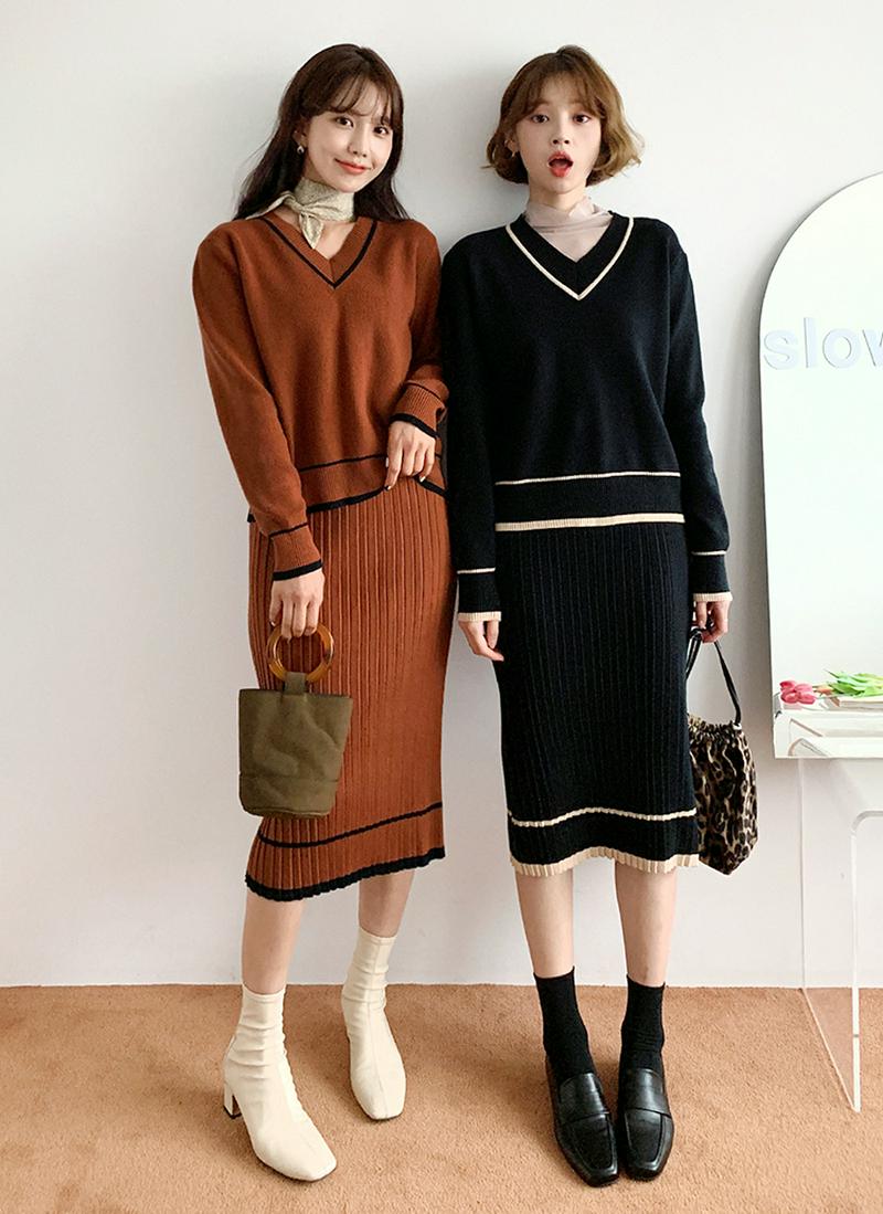 ラインVネックニット&スカートSET・全3色