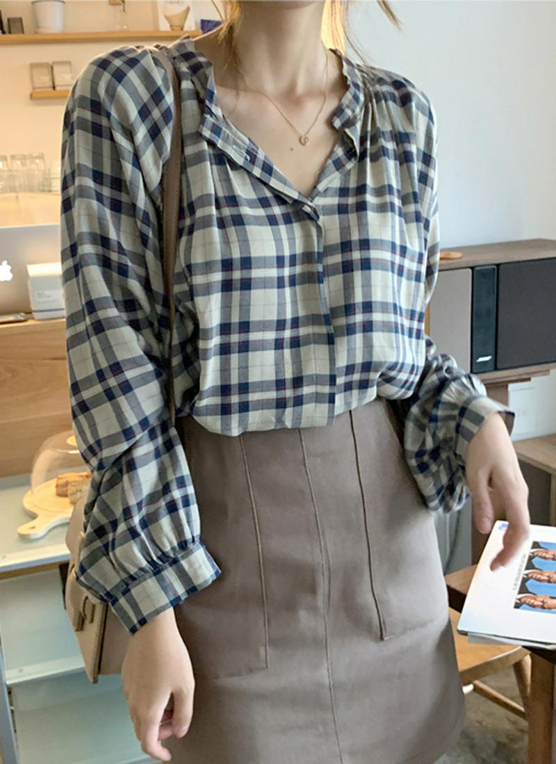 レーヨンギャザーチェックブラウス