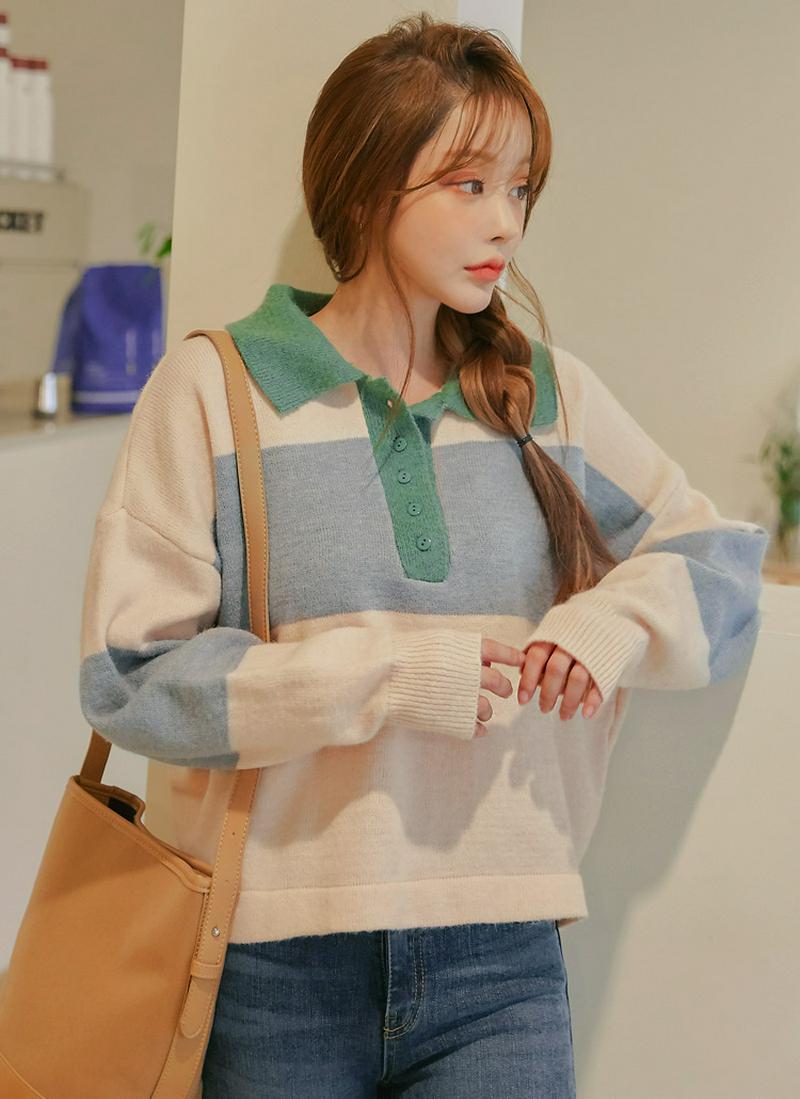 配色ポロカラーアクリル混ニット