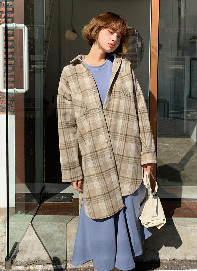 ロングチェックシャツジャケット・全3色 e55844 レディース【jk】 韓国ファッション アウター ジャケット ロングジャケット ロング シャツジャケット チェック レトロ オーバーサイズ ゆったり 長袖 ラウンドヘム 羽織 羽織物 春 秋 冬