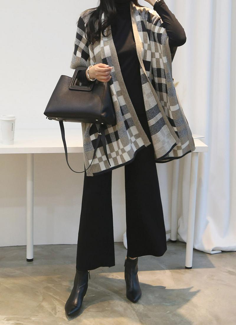 チェックウール混ニットケープ