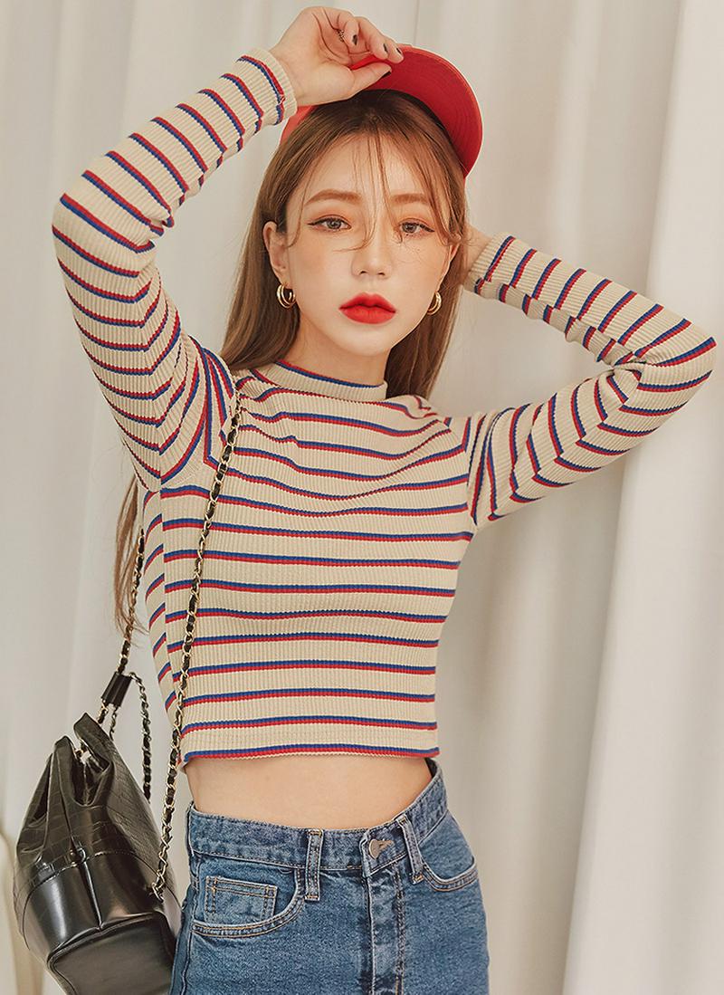 ボーダースリムリブTシャツ