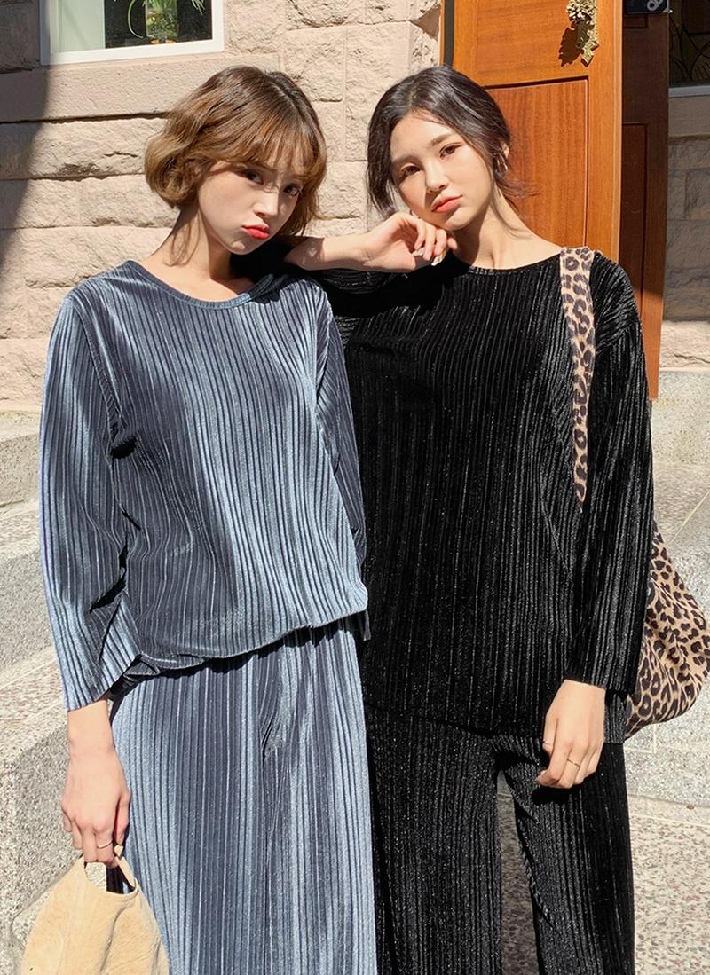 ベロアプリーツTシャツ&パンツSET・全2色