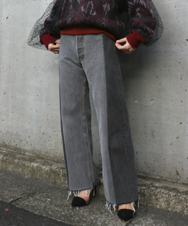DENIM SWITCHING WIDE PANTS