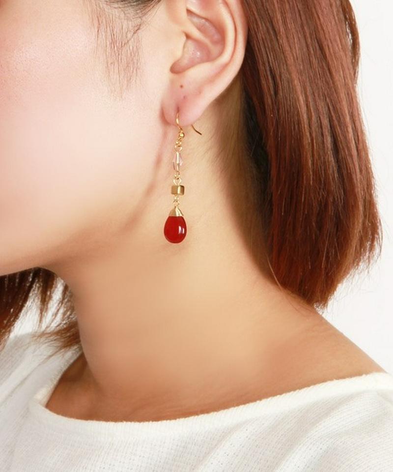 K14GF レッドジェイドドロップ×クリスタルピアス
