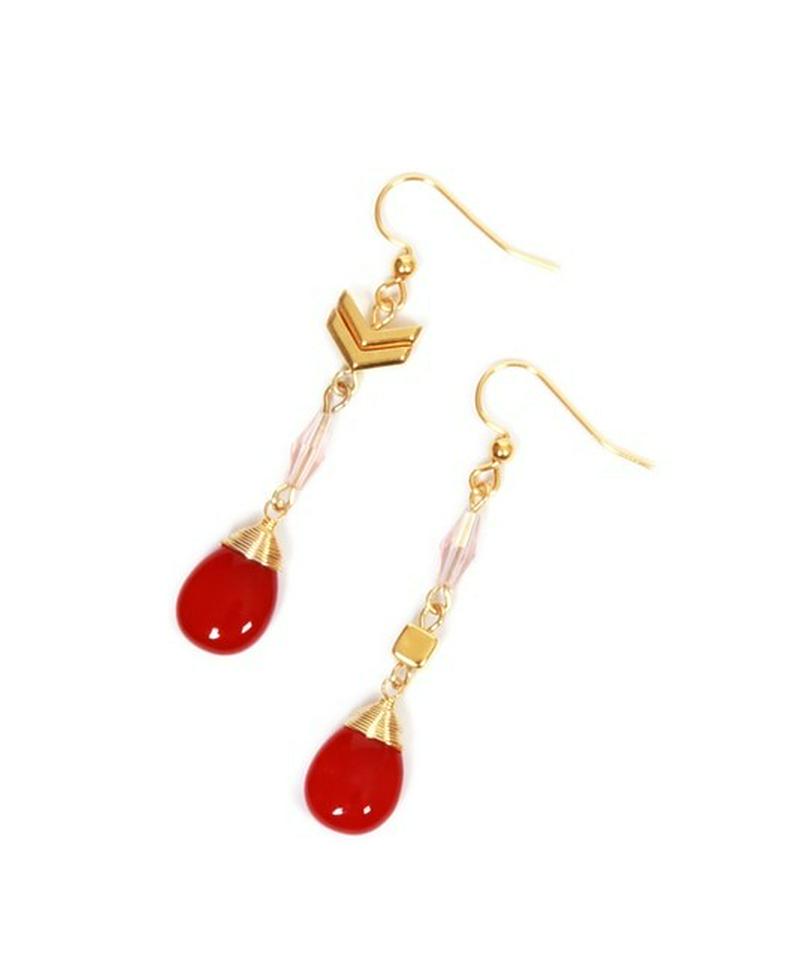 K14GF レッドジェイドドロップ×クリスタルピアス