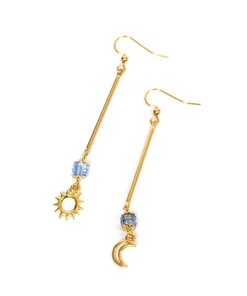 K14GF 太陽と月の装飾ブルークリスタルピアス