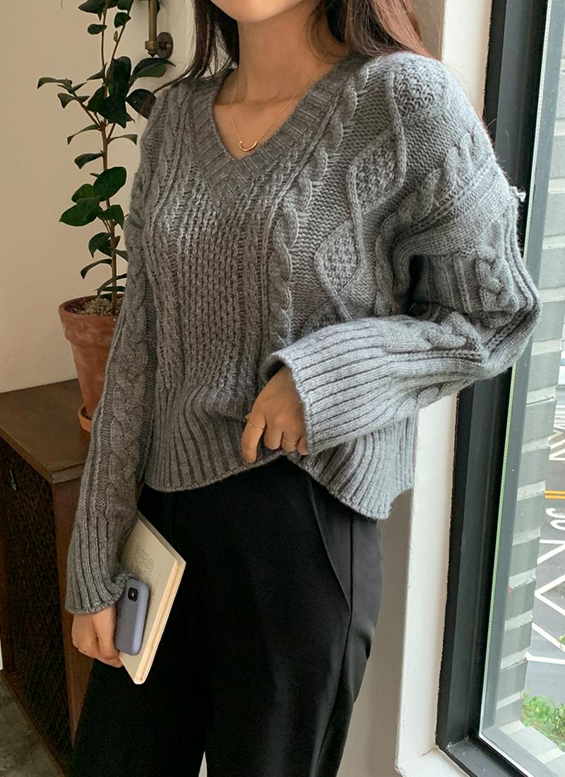 Vネックリブヘムケーブルニット