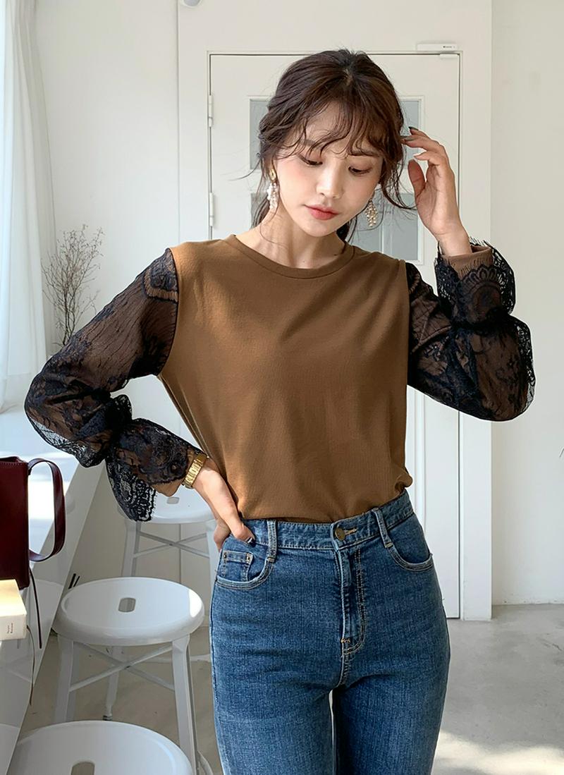 スリーブレースTシャツ・全3色 e54463 レディース【tops】 異素材ミックス 韓国ファッション トップス Tシャツ ラウンドネック レーススリーブ レース シースルー 透け感 ガーリー かわいい くすみピンク カジュアル 秋 冬 クリスマス