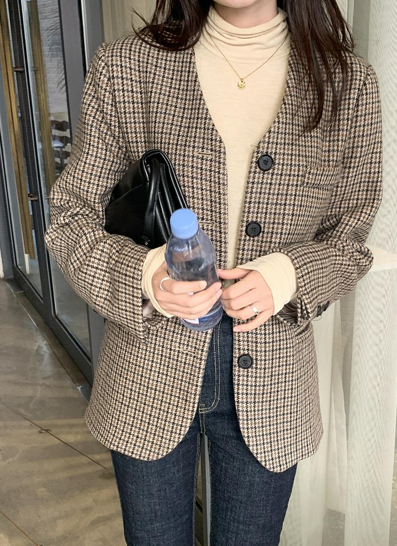 ノーカラーチェックジャケット