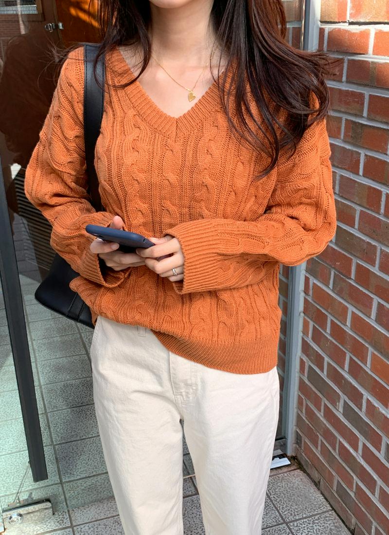 Vネックケーブルニット