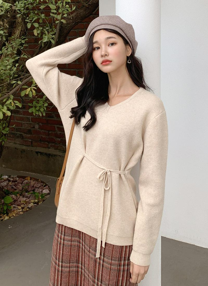 ウエストリボンVネックニット・全3色