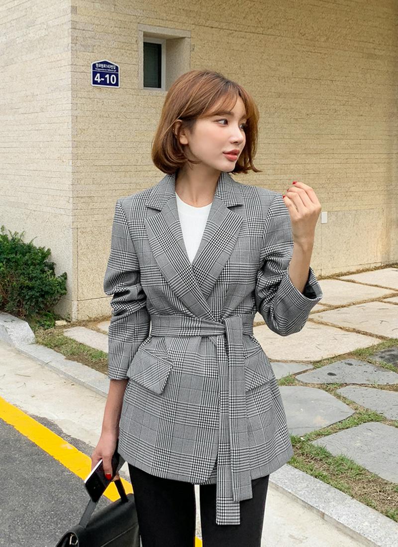 腰ひも付グレンチェックジャケット