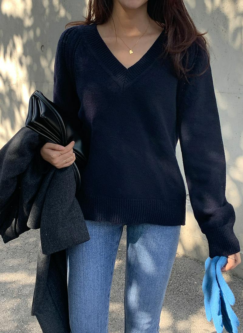Vネックウール混ニット