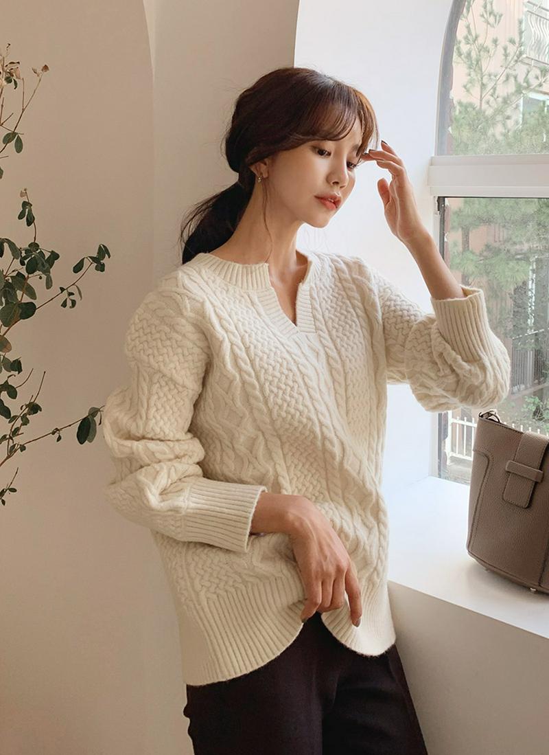 ネックスリットケーブルニット・全3色