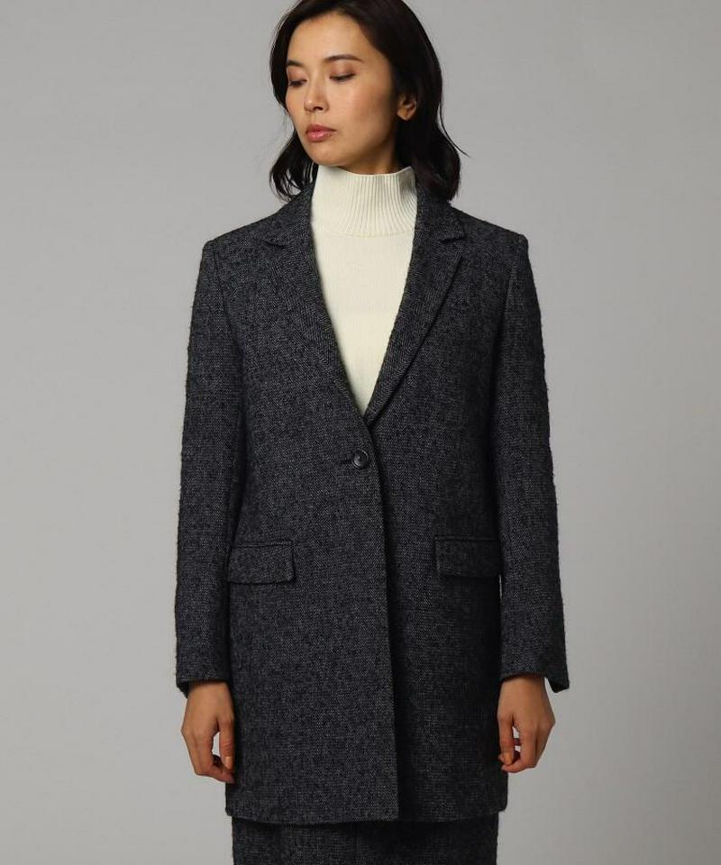ウール混ループヘリンボンロングジャケット