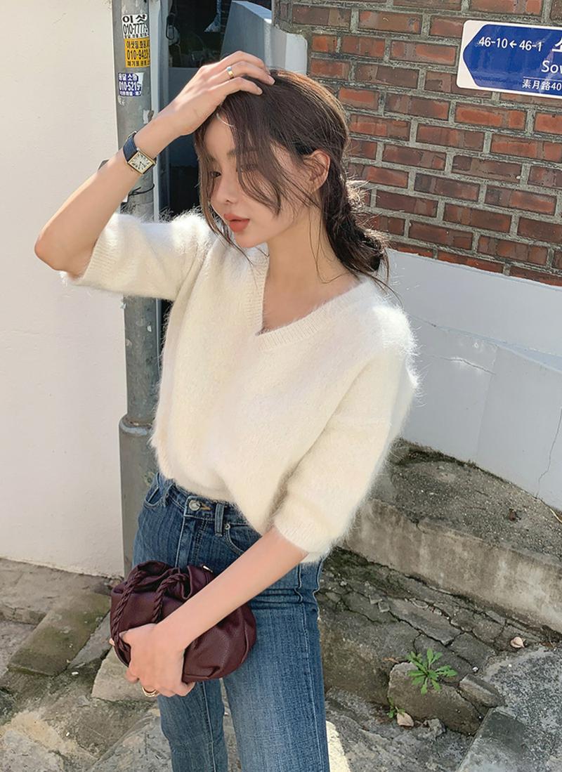 アンゴラ混Vネック半袖ニット