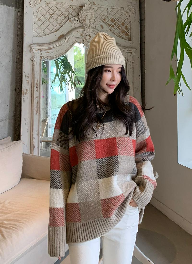 チェックアクリル混ニット