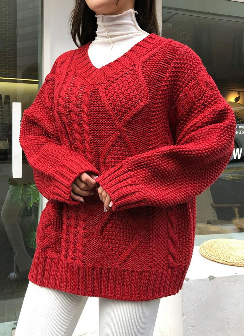 Vネックケーブルアクリルニット