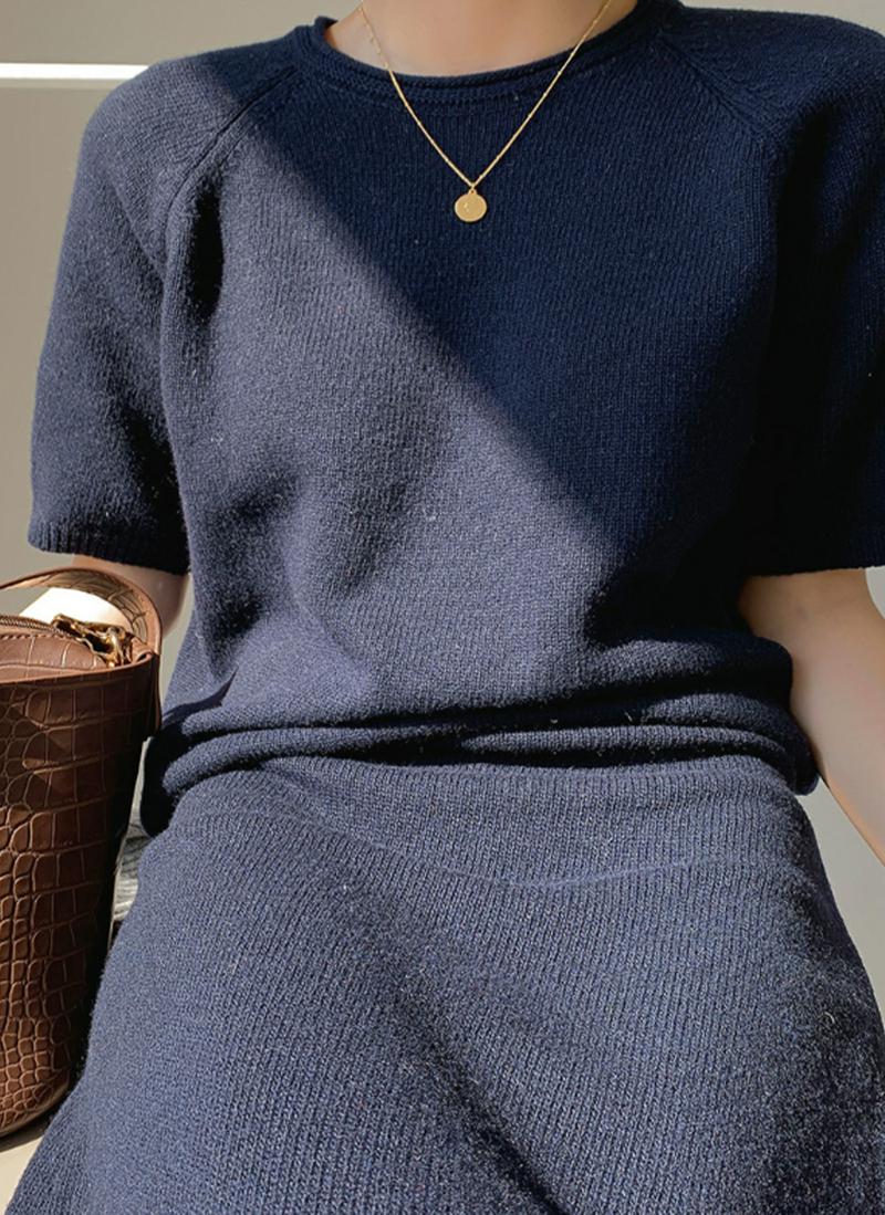 ロールラウンドネック半袖ニット