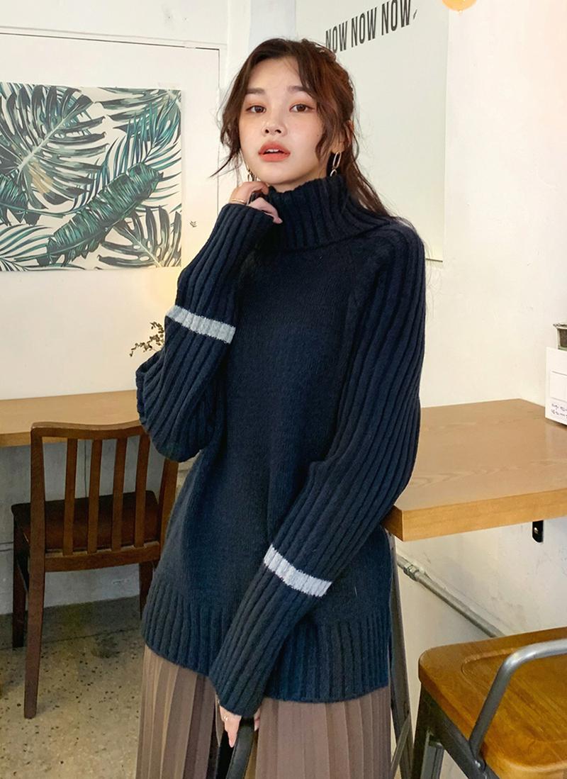 タートルネックスリーブ配色ニット・全4色