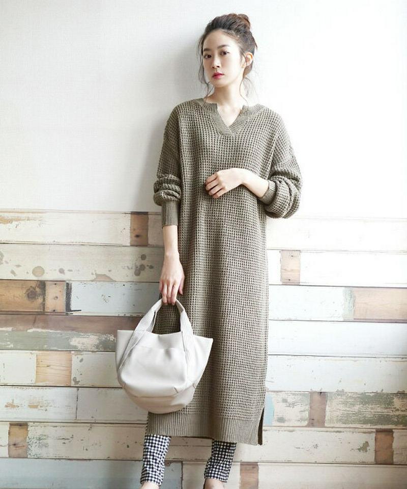 イーザッカマニアストアーズ イーザッカマニアストアーズ の 春バーゲン 特別送料無料 ワンピース すっきり キーネック で大人っぽい 旬の ワッフル をニットでも レディース ワンピ ロングワンピース ニットワンピ ロング ニット セーター 長袖