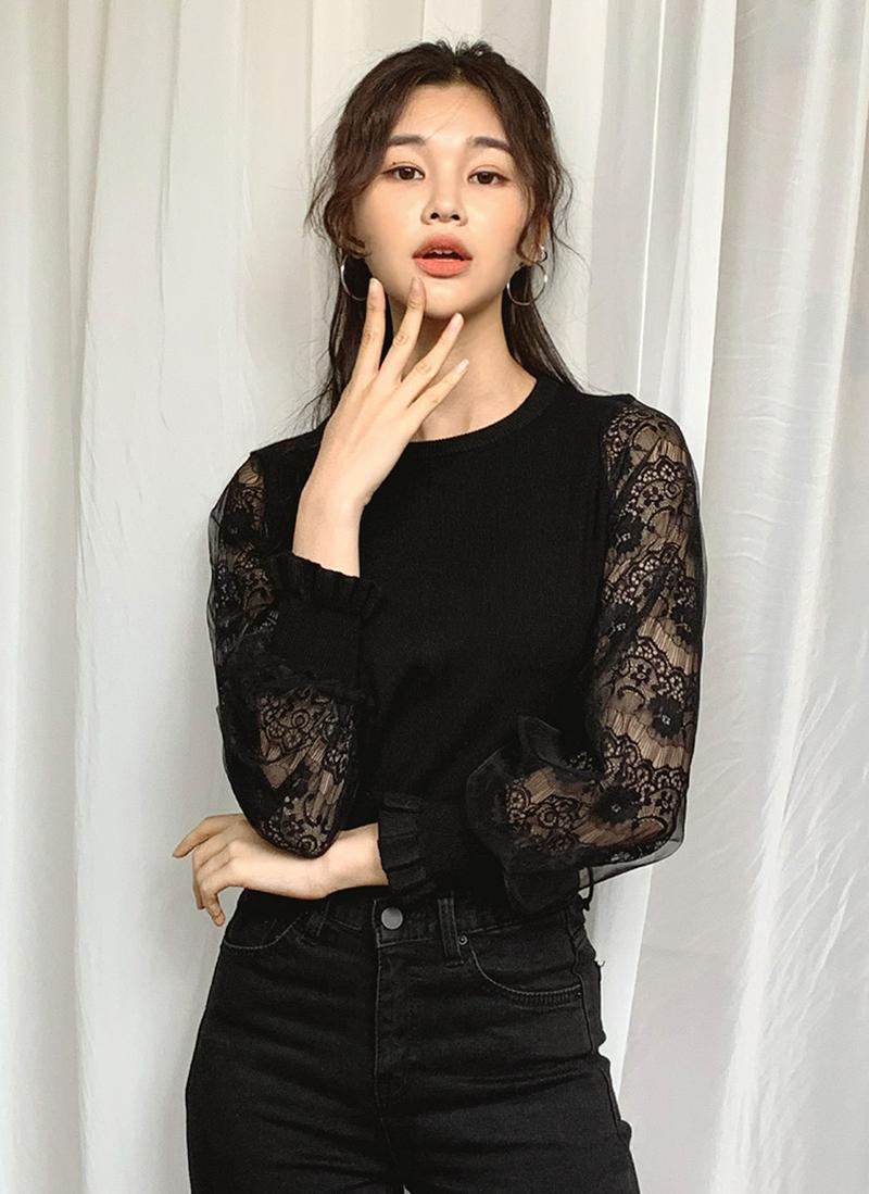 メッシュレーススリーブニット・全3色