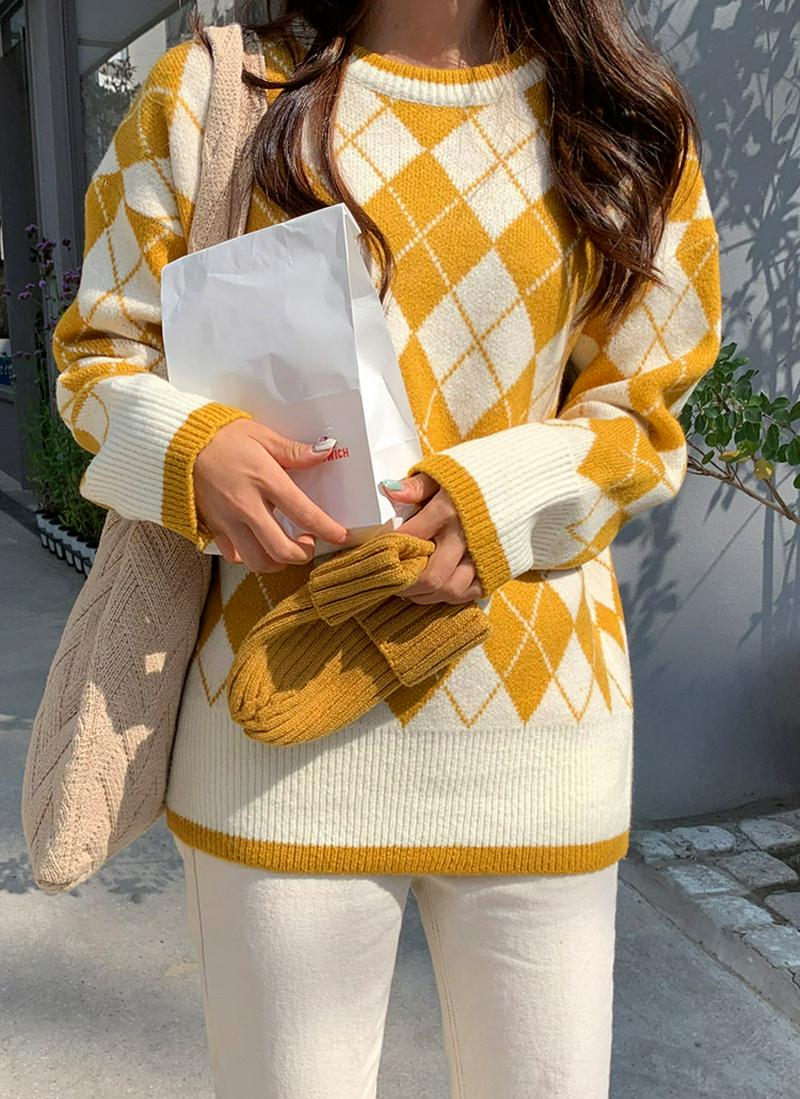 アーガイルラウンドネックニット