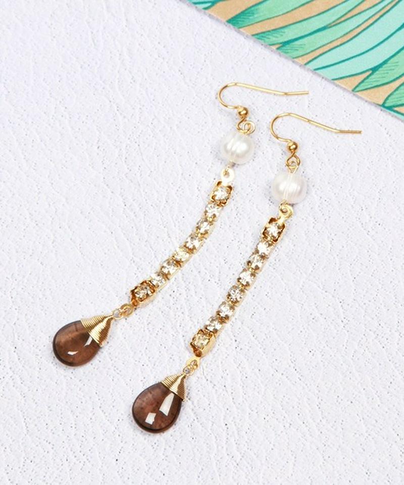 K14GF ラインストーンチェーン×スモーキークォーツピアス