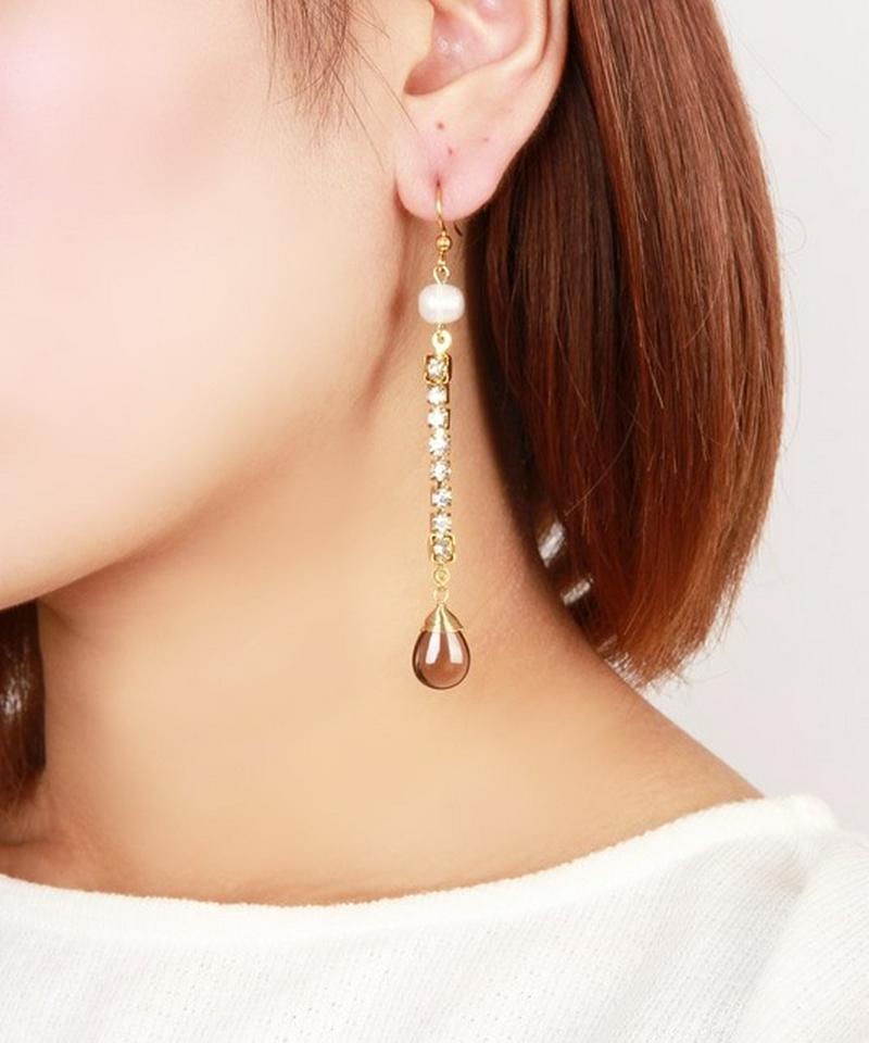 K14GF ラインストーンチェーン×スモーキークォーツピアス