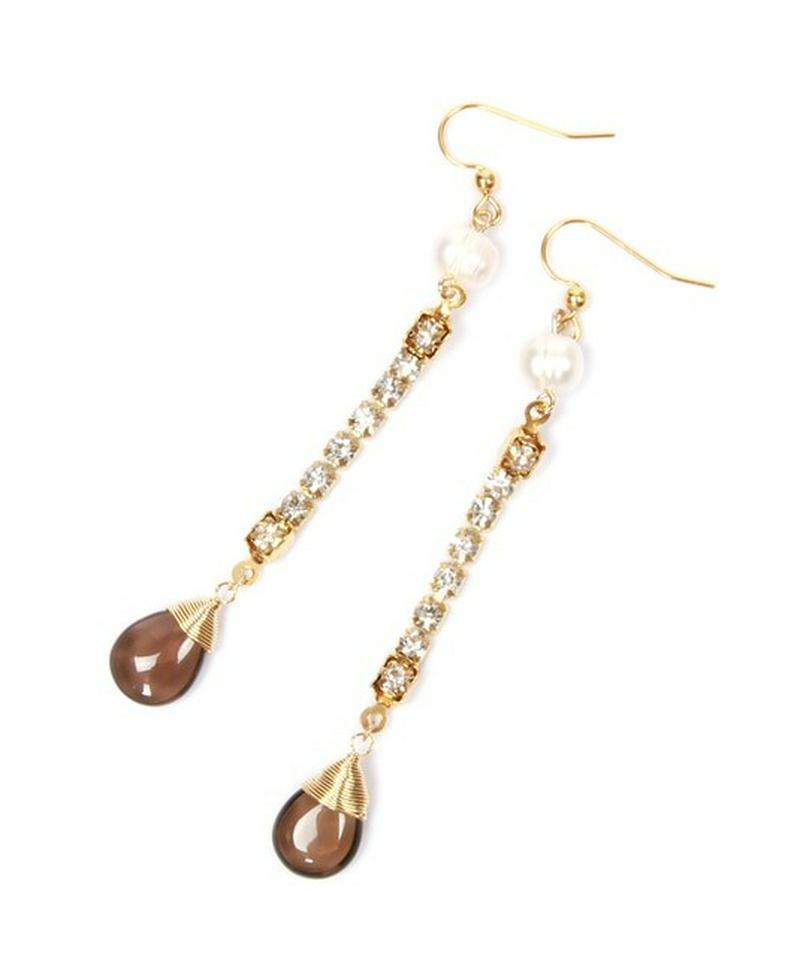 K14GF ラインストーンチェーン×スモーキークォーツピアス