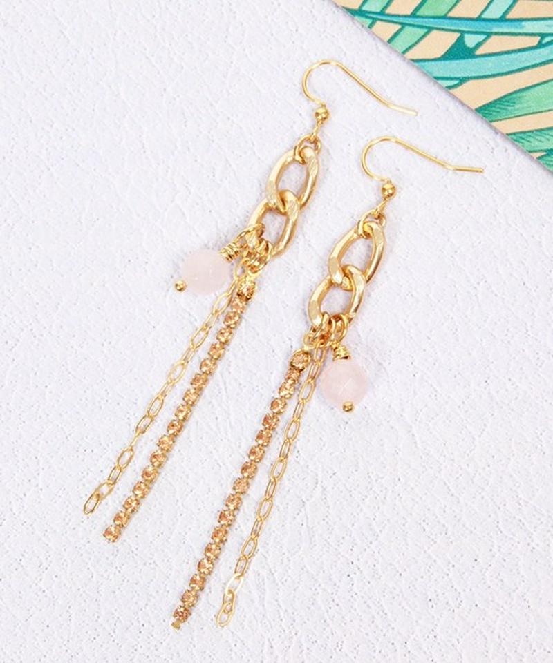 K14GF ローズクォーツ×ラインストーンピアス