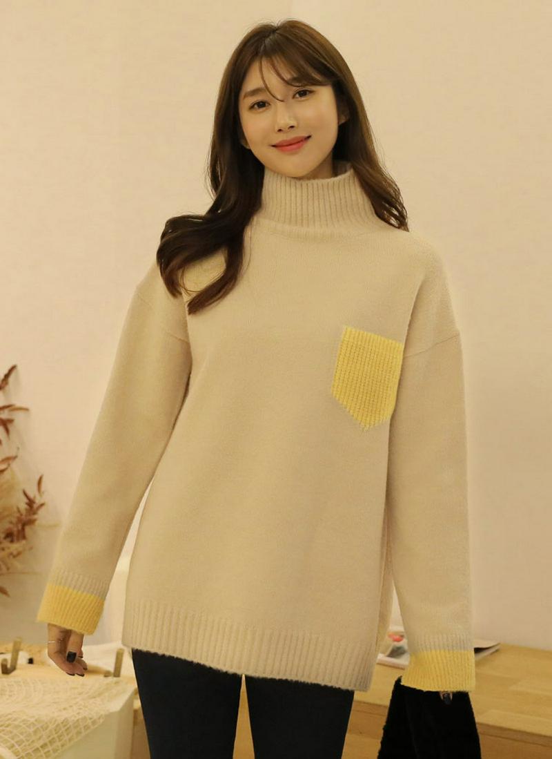 カラーフェイクポケットハイネックニット
