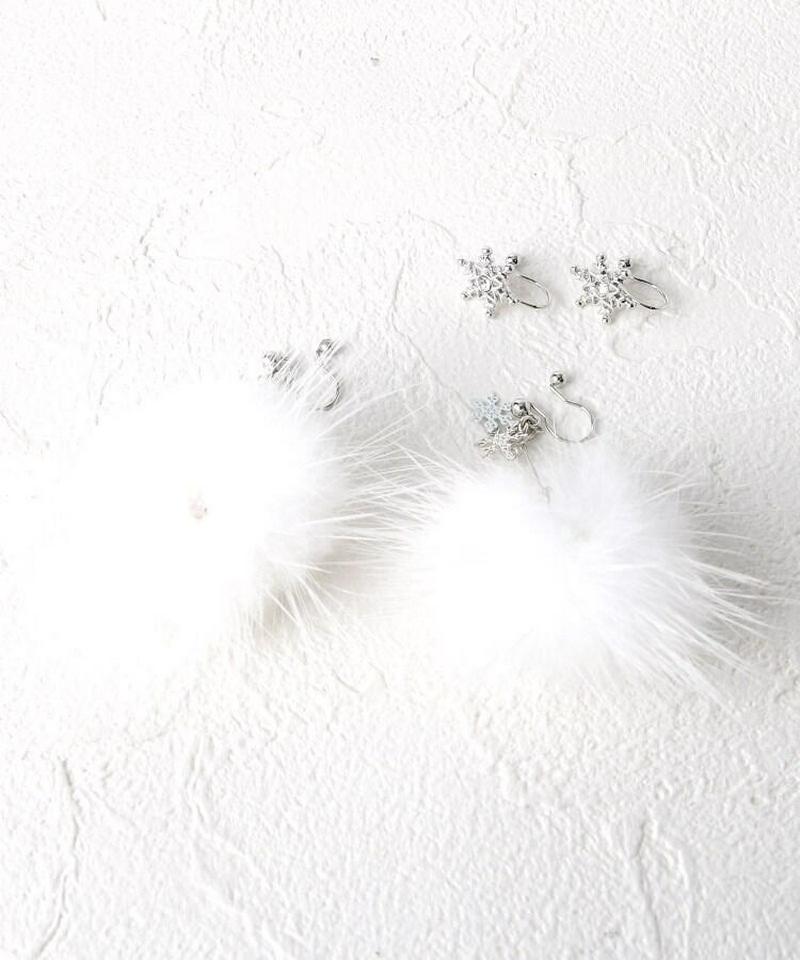 雪の結晶×ファーボールノンホールピアス（イヤリング）SET