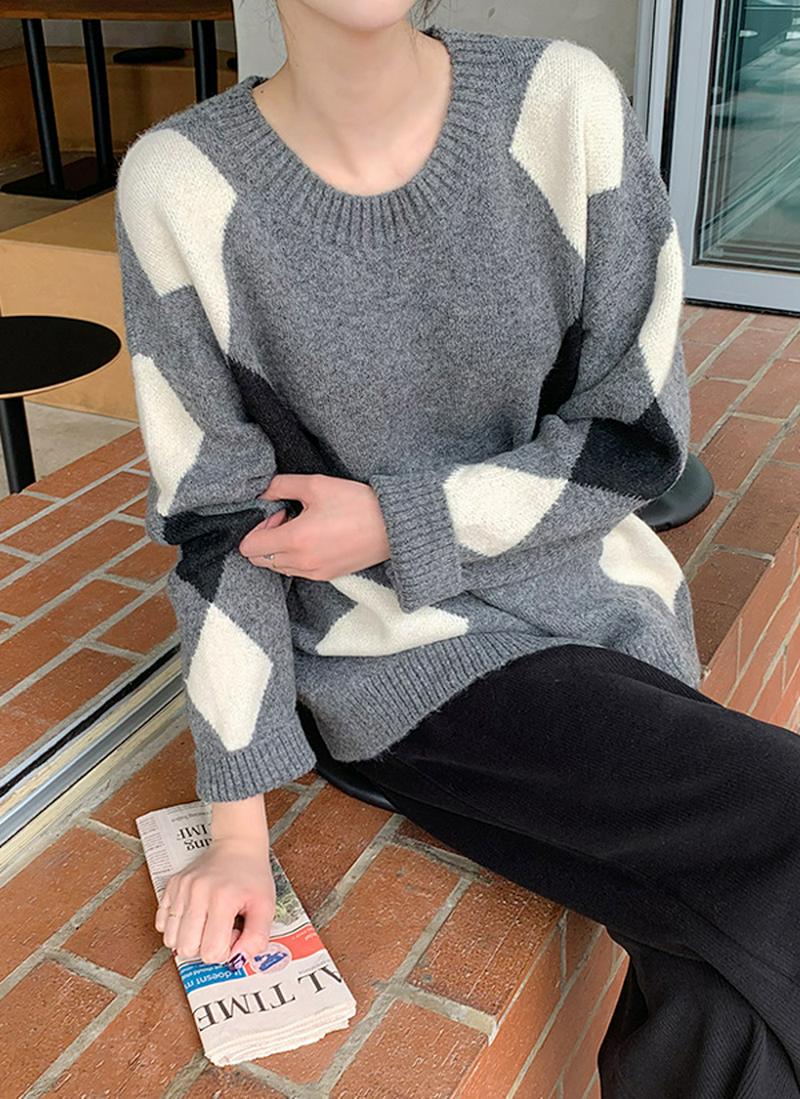 ラウンドネックアーガイルニット