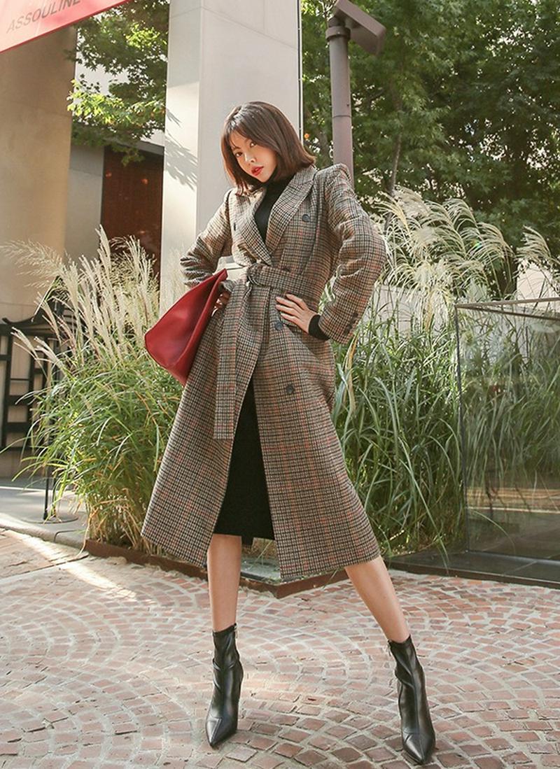 リングベルト付チェックロングコート