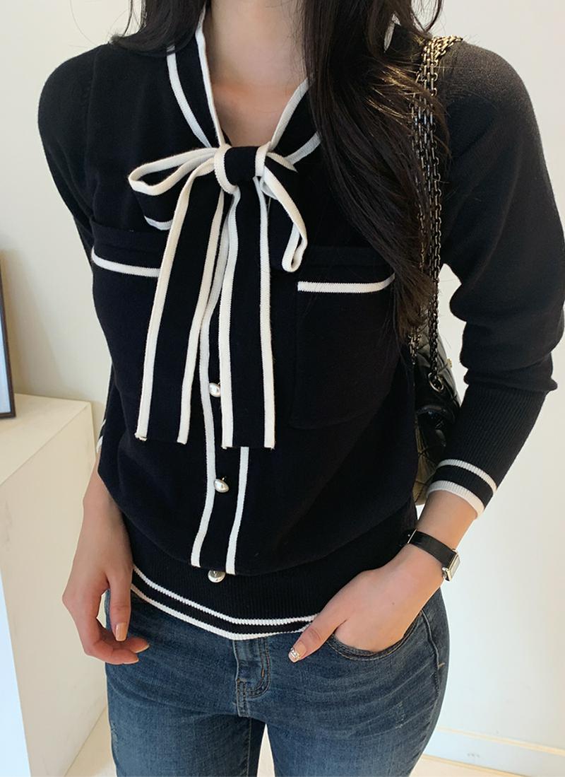 配色リボンタイニット