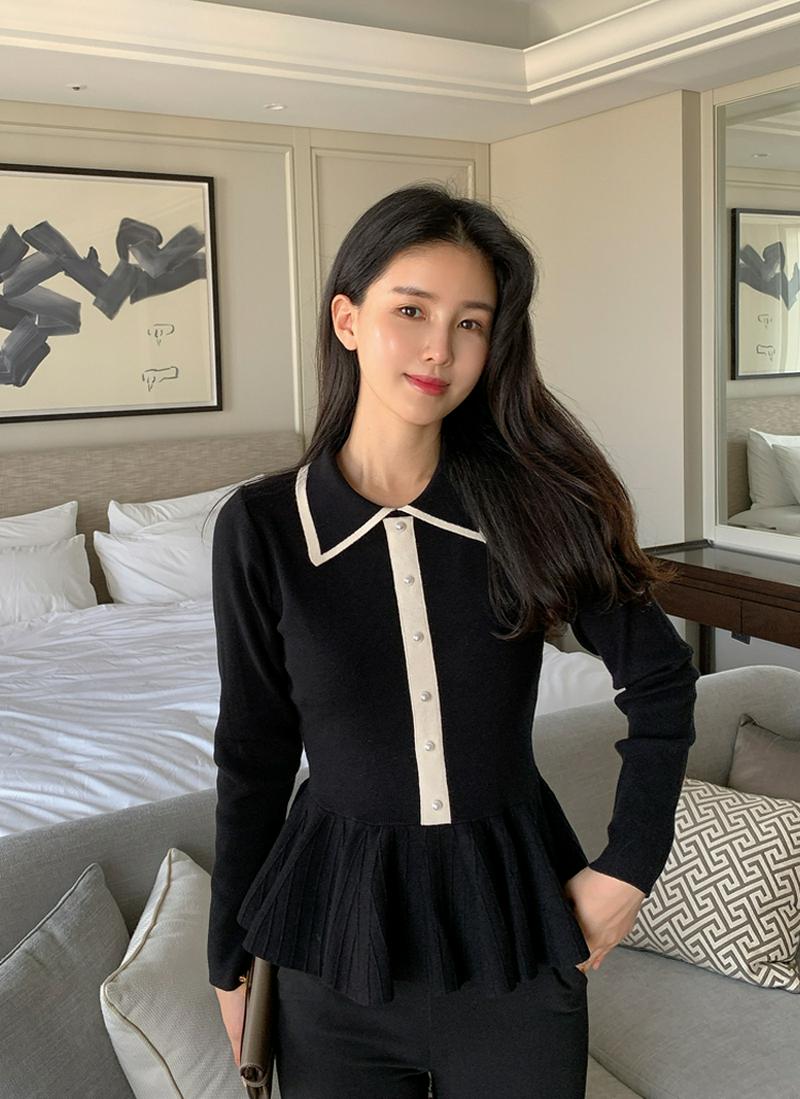 フレアヘム配色パールポイントニット