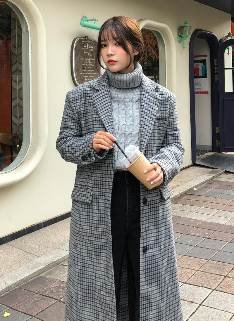 ウール混チェックロングコート