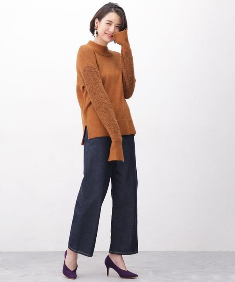 異素材ロングスリーブニット